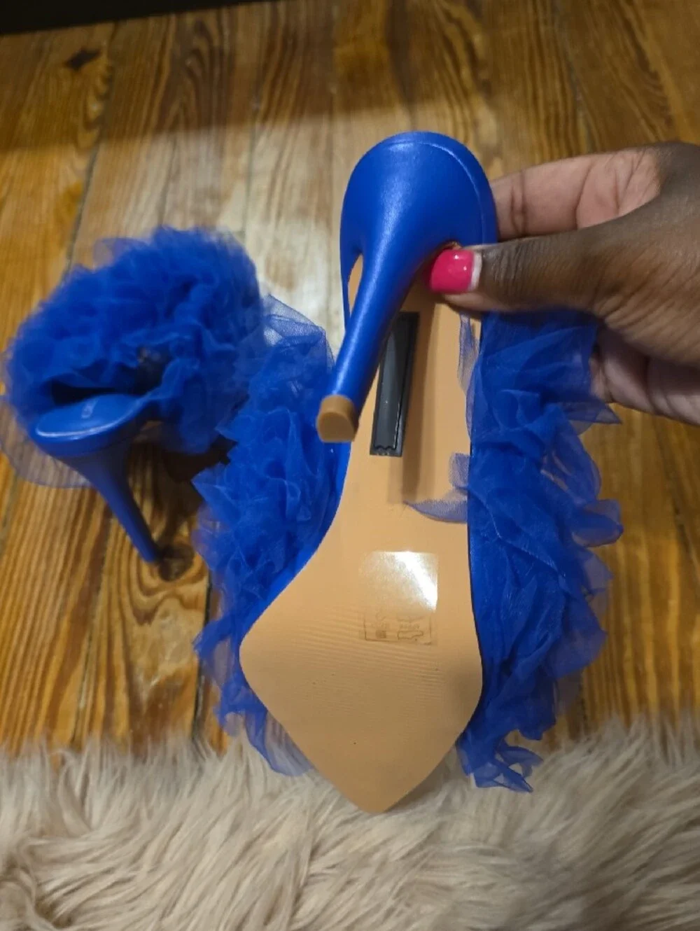Azalea Wang Birdie Blue Tulle Pointed Slide Heels